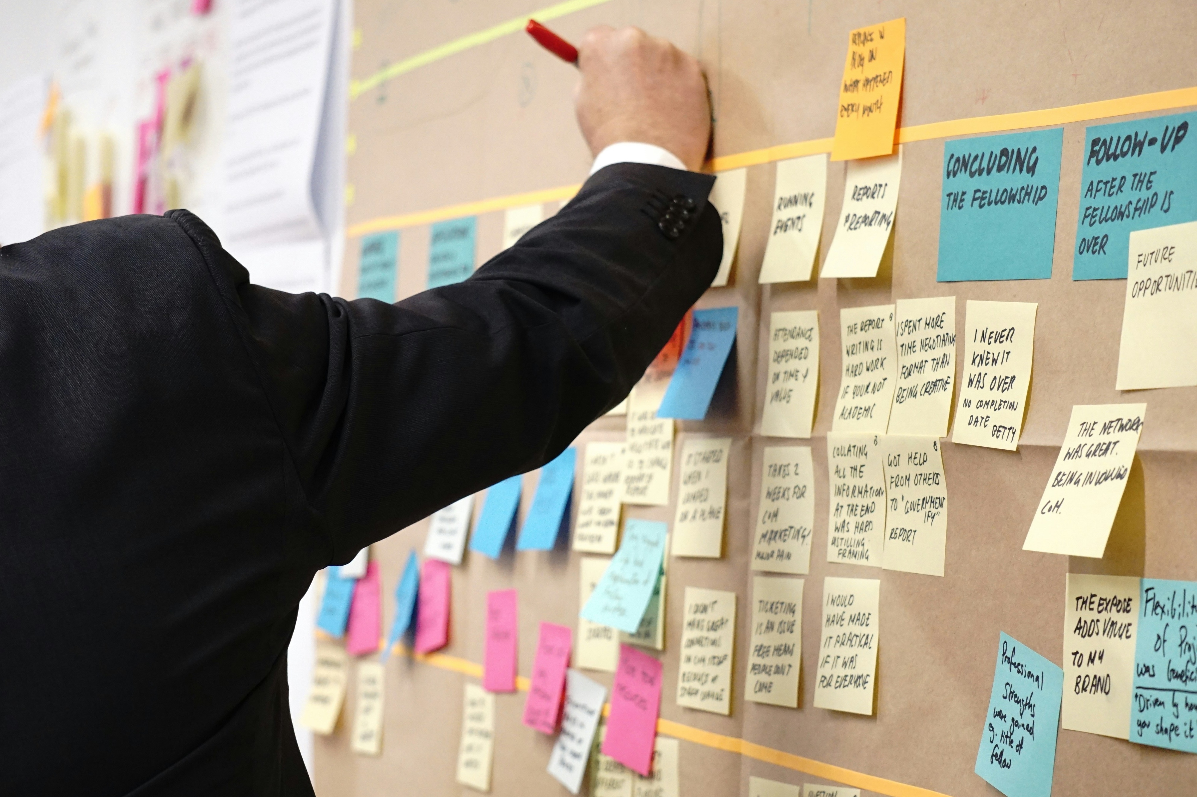 A suited man placing sticky notes on a bulletin board