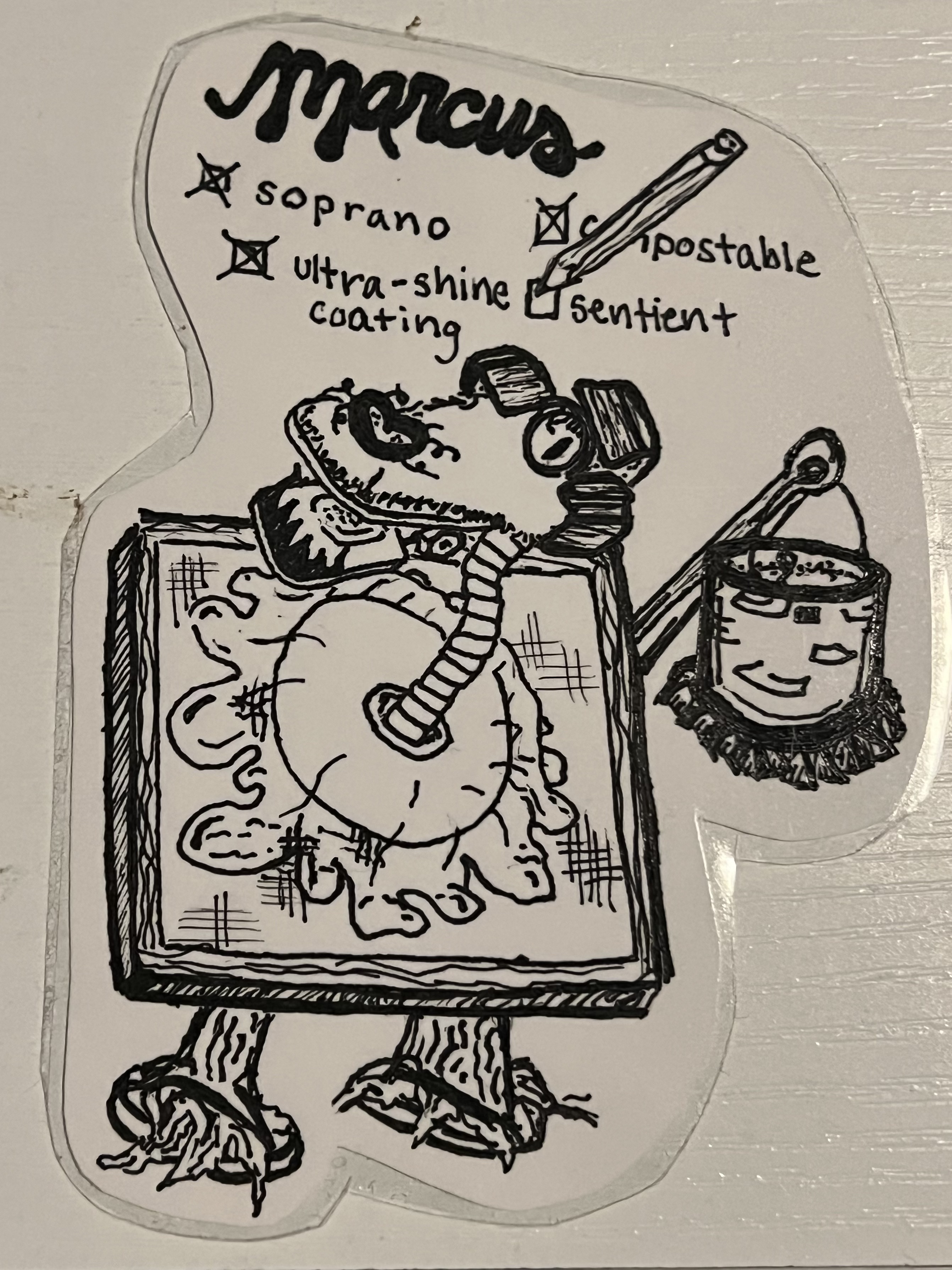 A monster named marcus is marked off as a soprano, 'ultra-shine coating,' compostable, and sentient. Marcus resembles tree legs in flip flops attached to a wood-frame square canvas. In between a jelly donut shape, on the canvas, emerges a claw arm neck gripping a contraption with one eye and a mouth. A lever arm holds a paint bucket to the side.