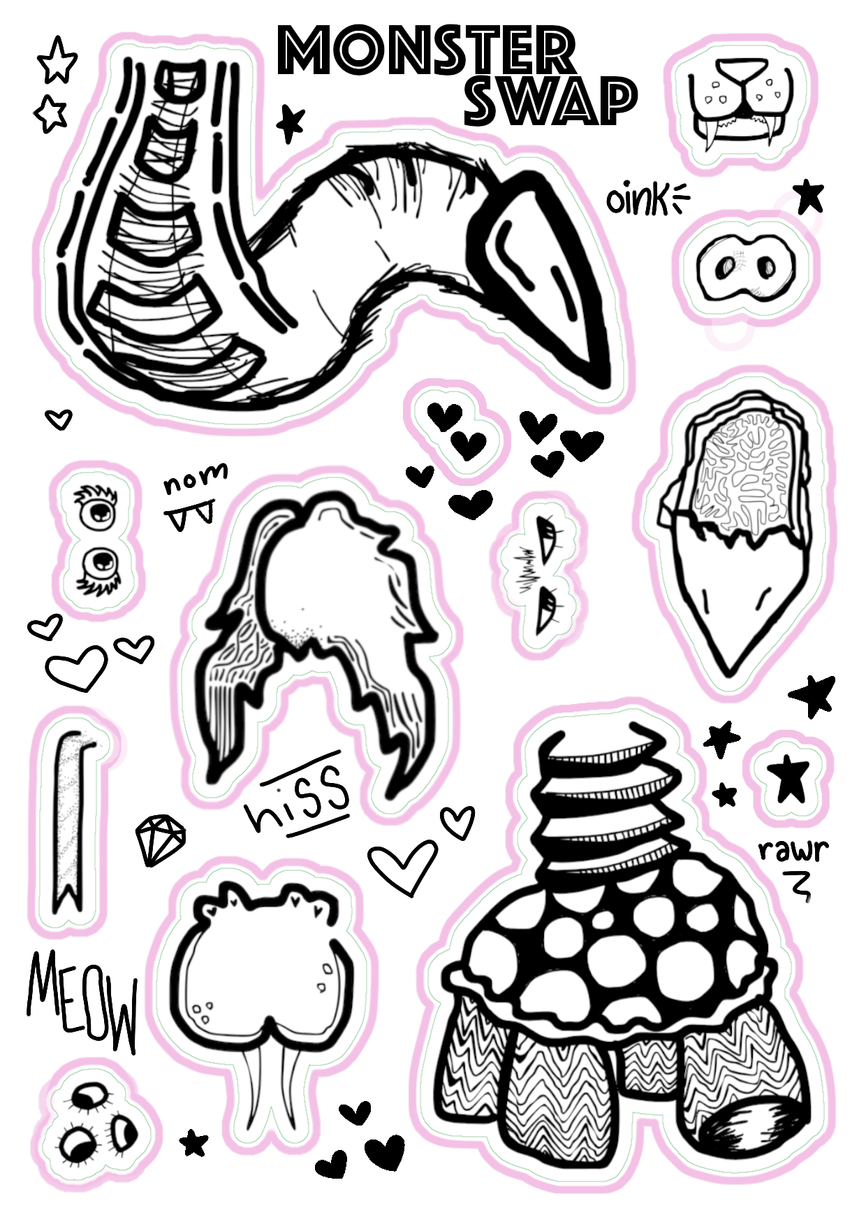 the png of a sheet of black and white monster part stickers. Each sticker on the sheet is framed in light pink.